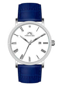 Porsamo Bleu Veritas1 Luxury Men's Diamond Watch Genuine Leather Band, Silver-Tone, Blue, 1361BVEL