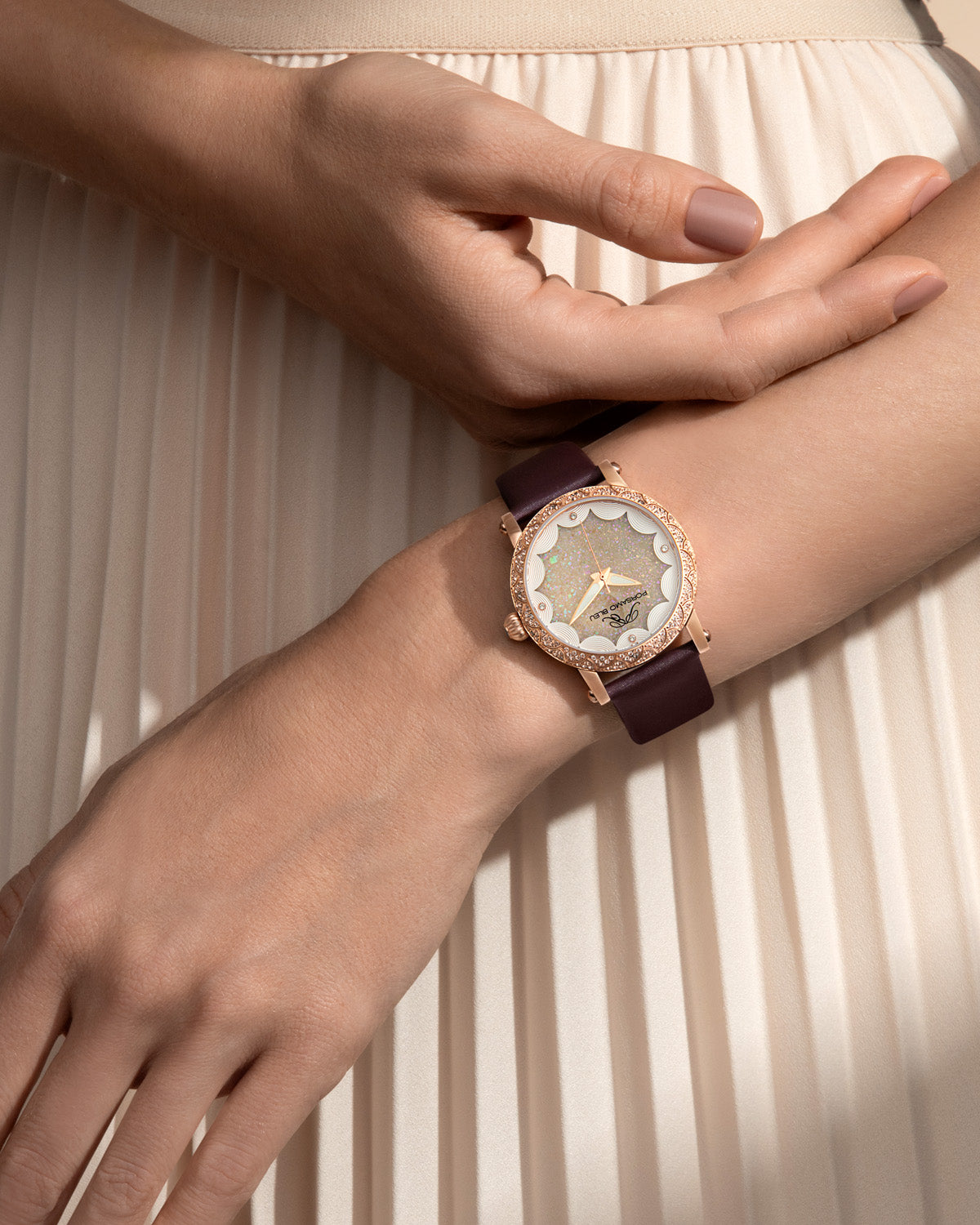 Porsamo Bleu Genevieve Luxury Topaz Women's Watch Satin Leather Watch, Rose, Brown 681CGEL