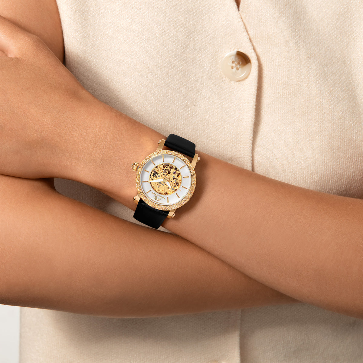 Porsamo Bleu Liza Luxury Automatic Topaz Women's Satin Leather Watch, Gold, Black 691BLIL