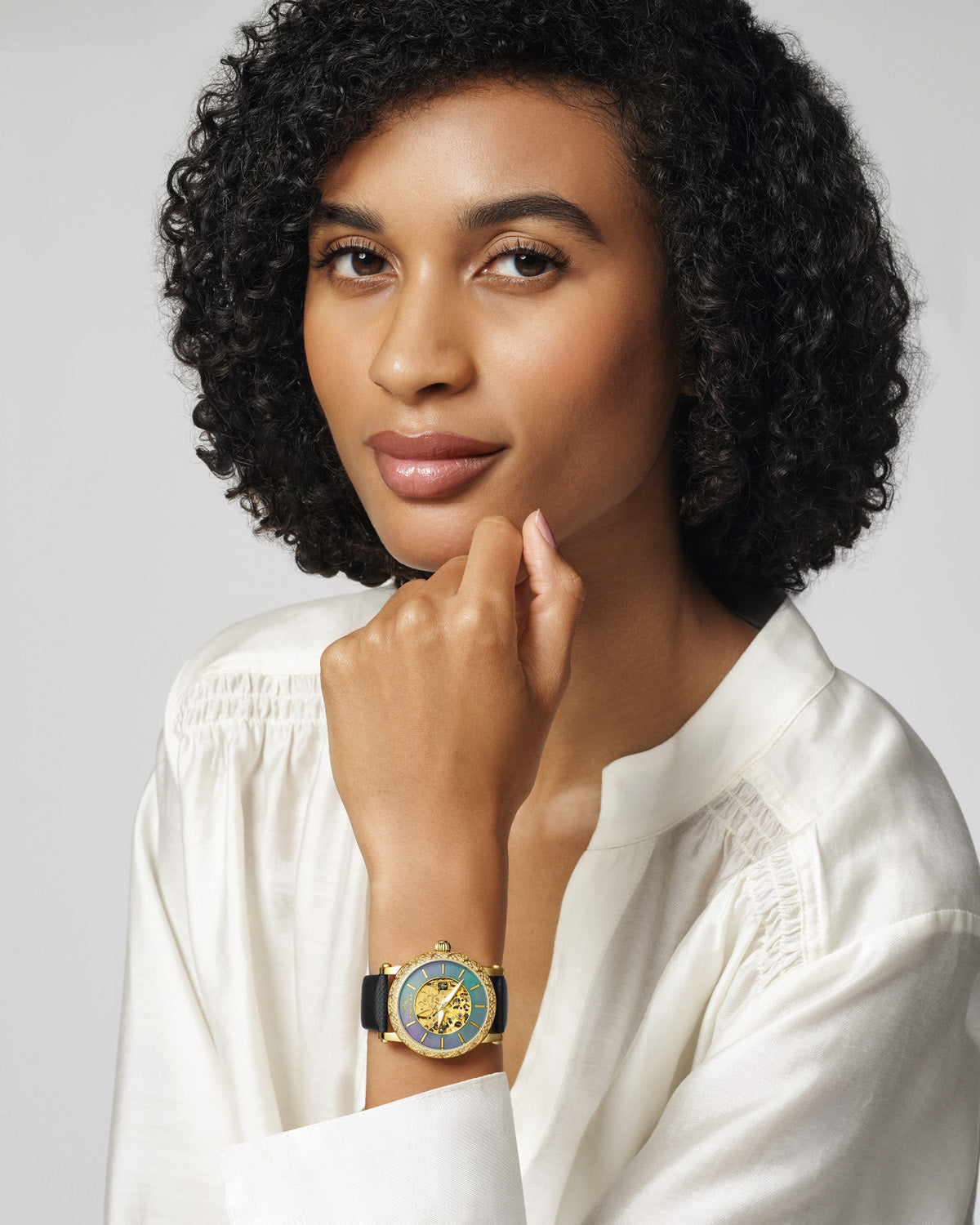 Porsamo Bleu Liza Luxury Automatic Topaz Women's Satin Leather Watch, Gold, Blue, Black 692BLIL