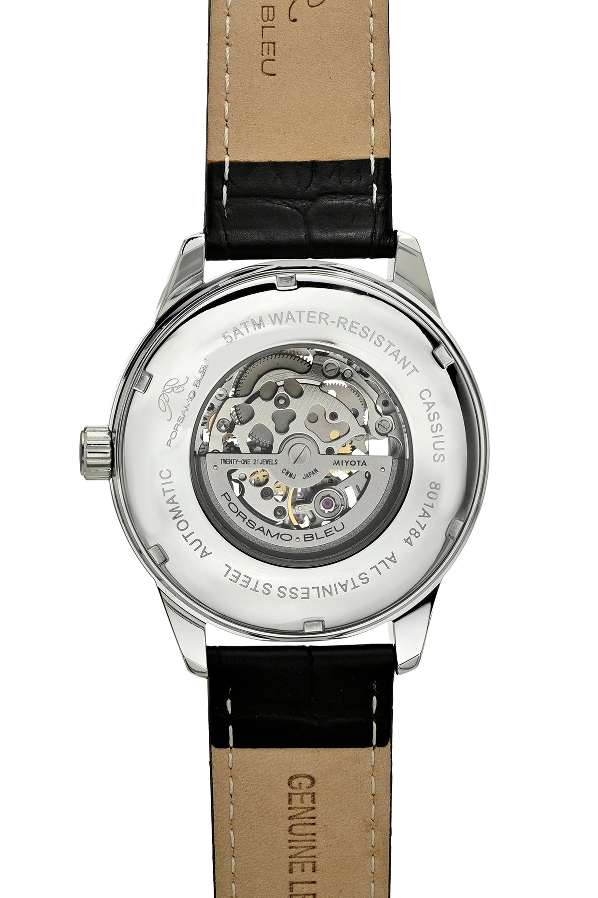 Porsamo Bleu Cassius Luxury Automatic Men's Watch, Genuine Leather Band, Silver, Black, White 801ACAL