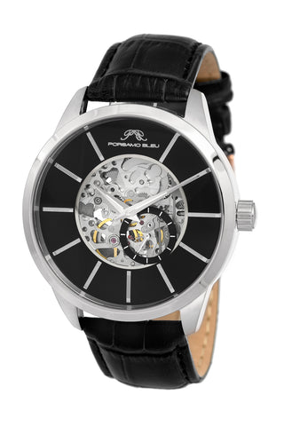 Porsamo Bleu Cassius Luxury Automatic Men's Watch, Genuine Leather Band, Silver, Black 801CCAL