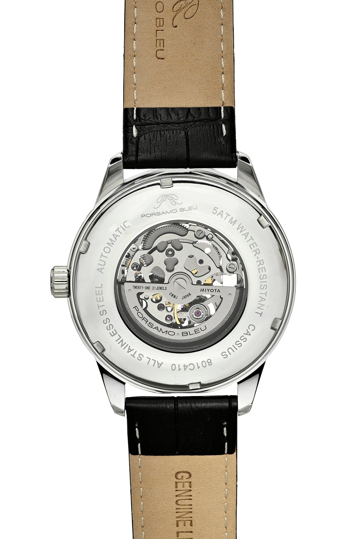 Porsamo Bleu Cassius Luxury Automatic Men's Watch, Genuine Leather Band, Silver, Black 801CCAL