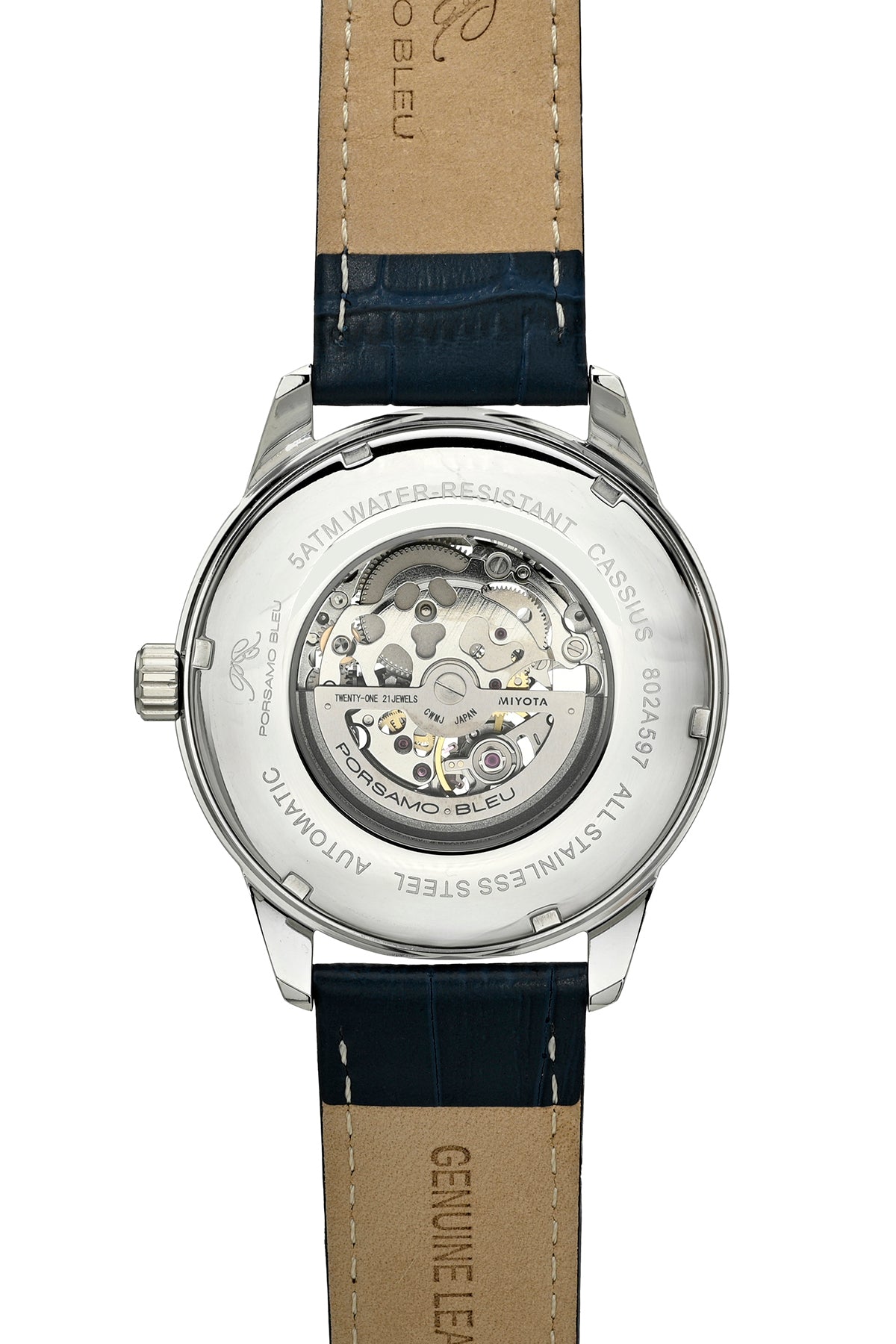 Porsamo Bleu Cassius luxury automatic men's watch, genuine leather band, silver, blue 802ACAL