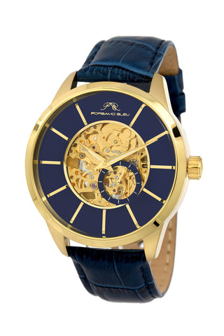 Porsamo Bleu Cassius luxury automatic men's watch, genuine leather band, gold, blue 802BCAL
