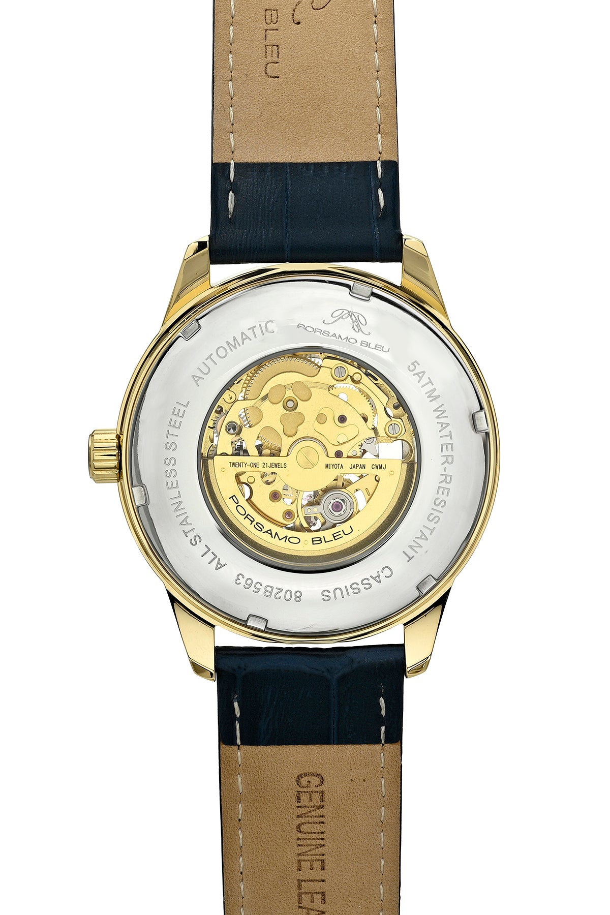 Porsamo Bleu Cassius luxury automatic men's watch, genuine leather band, gold, blue 802BCAL