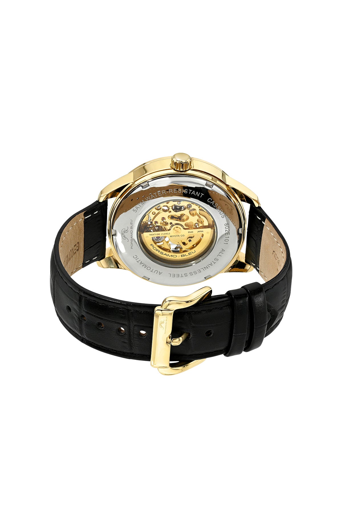 Porsamo Bleu Cassius Luxury Automatic Men's Watch, Genuine Leather Band, Gold, Black 802ECAL