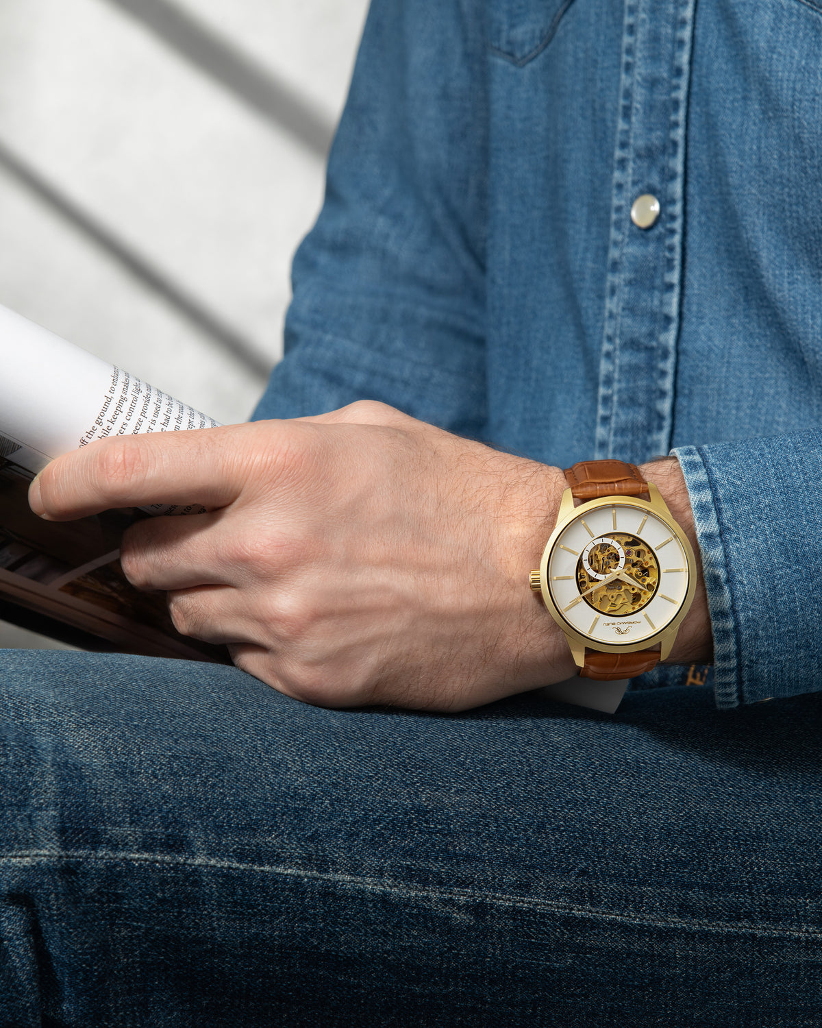 Porsamo Bleu Cassius Luxury Automatic Men's Watch, Genuine Leather Band, Gold, Brown 802FCAL