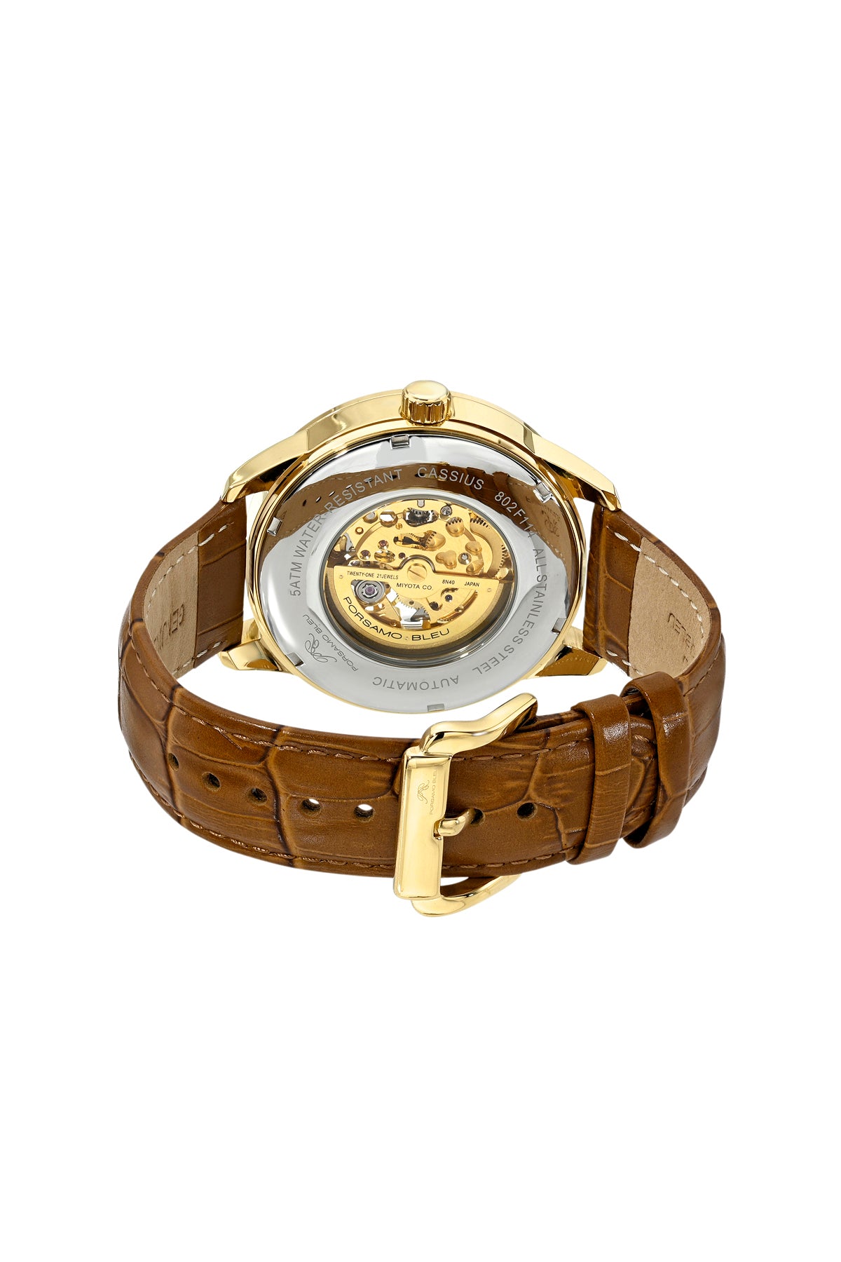 Porsamo Bleu Cassius Luxury Automatic Men's Watch, Genuine Leather Band, Gold, Brown 802FCAL