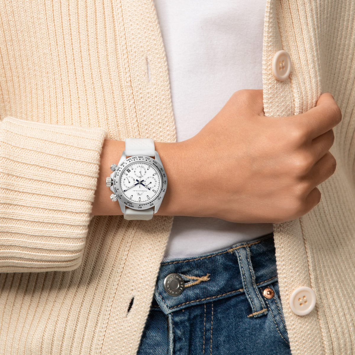 Porsamo Bleu Alexis Sport Luxury Women's Stainless Steel And Silicone Watch, Silver And White, 923AALR