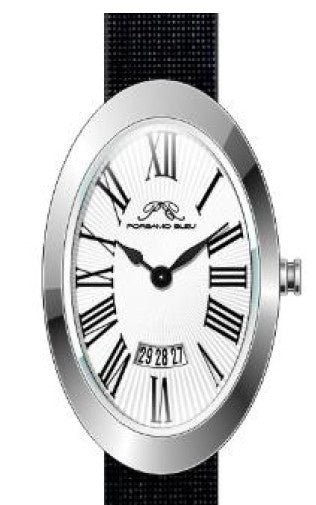 Porsamo Bleu Eloise Luxury Women's Oval Genuine Leather Band Watch, Silver Tone, Black 1353AELL