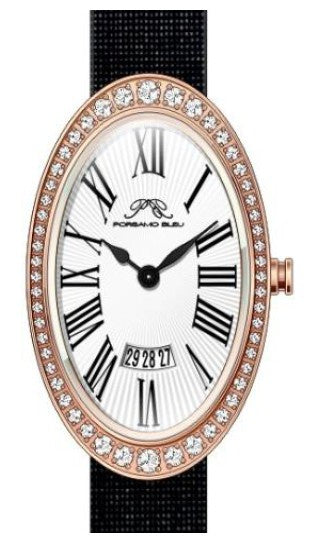 Porsamo Bleu Eloise Luxury Women's Oval And Topaz Genuine Leather Band Watch, Rose Tone, Black 1351CELL