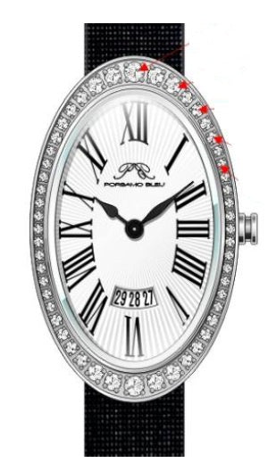 Porsamo Bleu Eloise Luxury Women's Oval And Topaz Genuine Leather Band Watch, Silver Tone, Black 1351AELL
