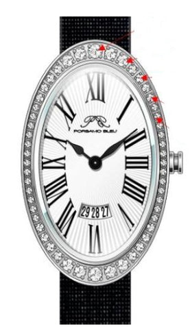Porsamo Bleu Eloise Luxury Women's Oval And Topaz Genuine Leather Band Watch, Silver Tone, Black 1351AELL