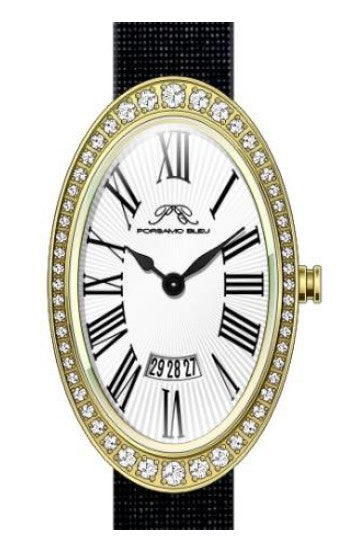 Porsamo Bleu Eloise Luxury Women's Oval And Topaz Genuine Leather Band Watch, Gold Tone, Black 1351BELL