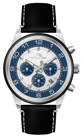 Porsamo Bleu Arthur Luxury Chronograph Men's Genuine Leather Band Watch, Silver, Black, Blue 1091HARL