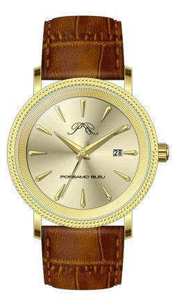 Porsamo Bleu Veritas2 Luxury Men's Watch Genuine Leather Band, Gold-Tone, Brown, 1362FVEL