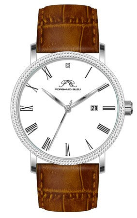 Porsamo Bleu Veritas1 Luxury Men's Diamond Watch Genuine Leather Band, Silver-Tone, Brown, 1361CVEL