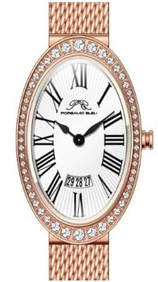 Porsamo Bleu Eloise Luxury Women's Oval And Topaz Stainless Steel Mesh Bracelet Watch, Rose Tone 1352CELS