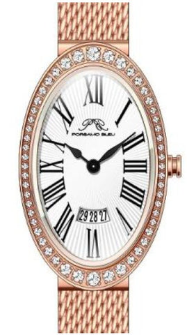 Porsamo Bleu Eloise Luxury Women's Oval And Topaz Stainless Steel Mesh Bracelet Watch, Rose Tone 1352CELS