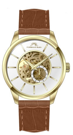 Porsamo Bleu Cassius luxury automatic men's watch, genuine leather band, gold, brown 802FCAL