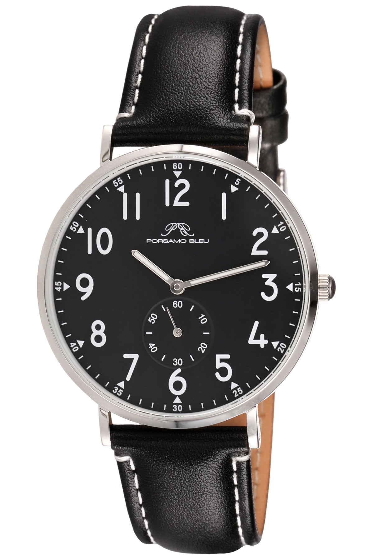 Porsamo Bleu Rowan Luxury Men's Genuine Leather Band Watch, Silver Ton