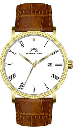 Porsamo Bleu Veritas1 Luxury Men's Diamond Watch Genuine Leather Band, Gold-Tone, Brown, 1361DVEL