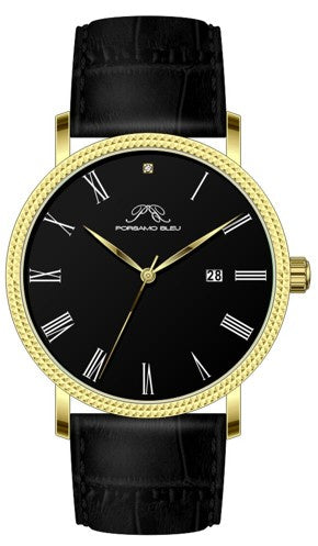 Porsamo Bleu Veritas1 Luxury Men's Diamond Watch Genuine Leather Band, Gold-Tone, Black, 1361GVEL