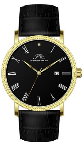 Porsamo Bleu Veritas1 Luxury Men's Diamond Watch Genuine Leather Band, Gold-Tone, Black, 1361GVEL