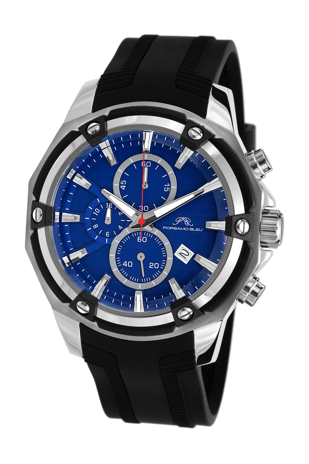 Porsamo Bleu Stavros luxury chronograph men's watch, silicone strap, silver, black, blue 483ASTR
