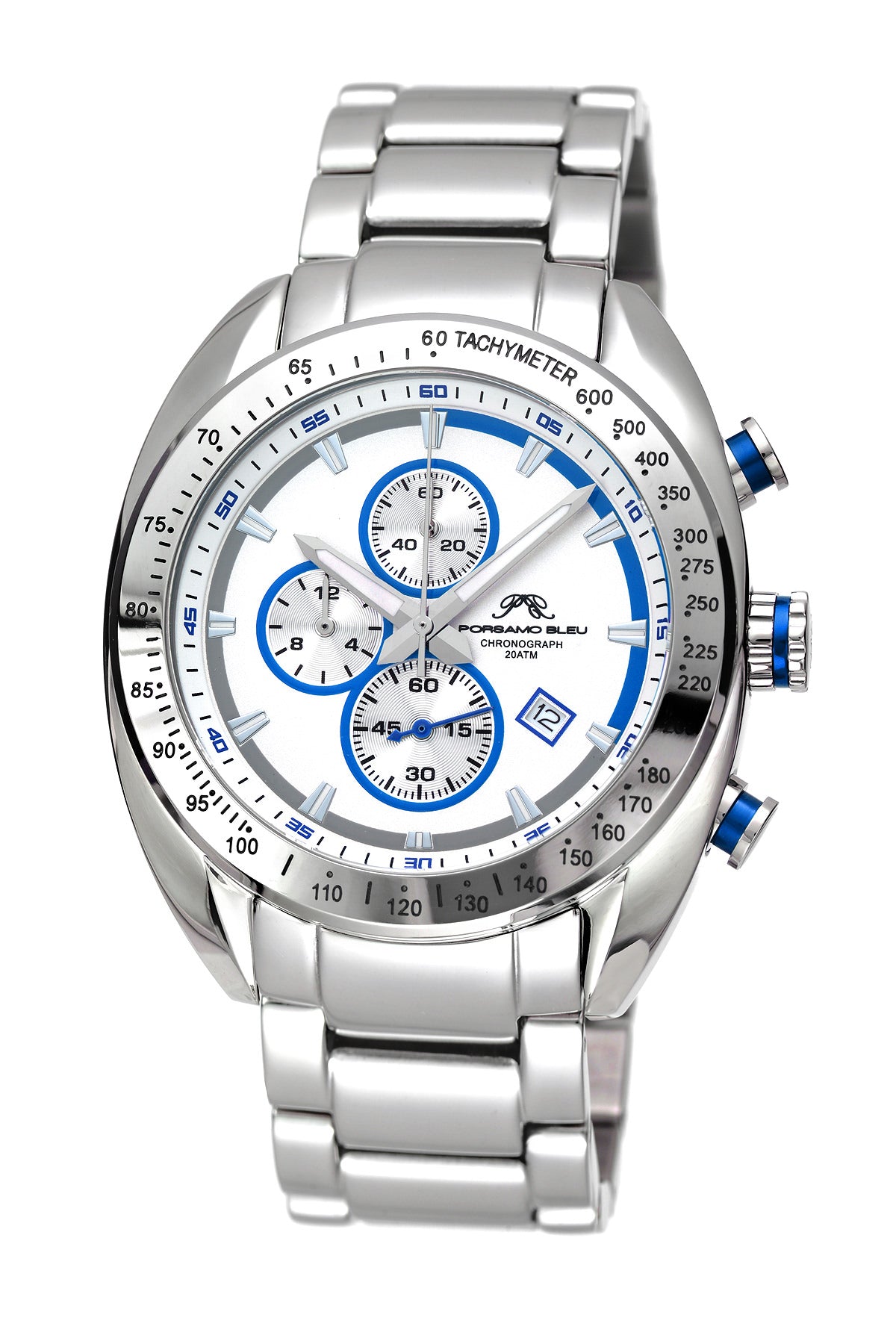 Porsamo Bleu Julien luxury  chronograph men's stainless steel watch, silver, white, blue 271BJUS