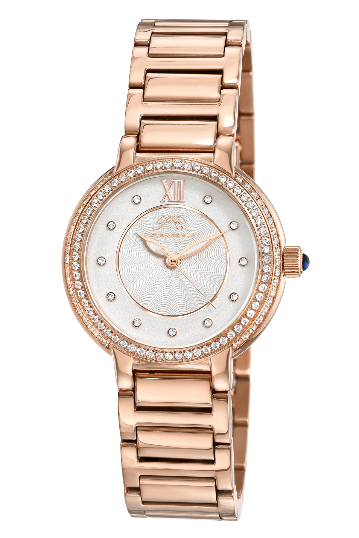 Porsamo Bleu Stella Luxury Crystal Womens Stainless Steel Watch, Rose With Silver Guilloche And Sunray Dial 1191CSTS