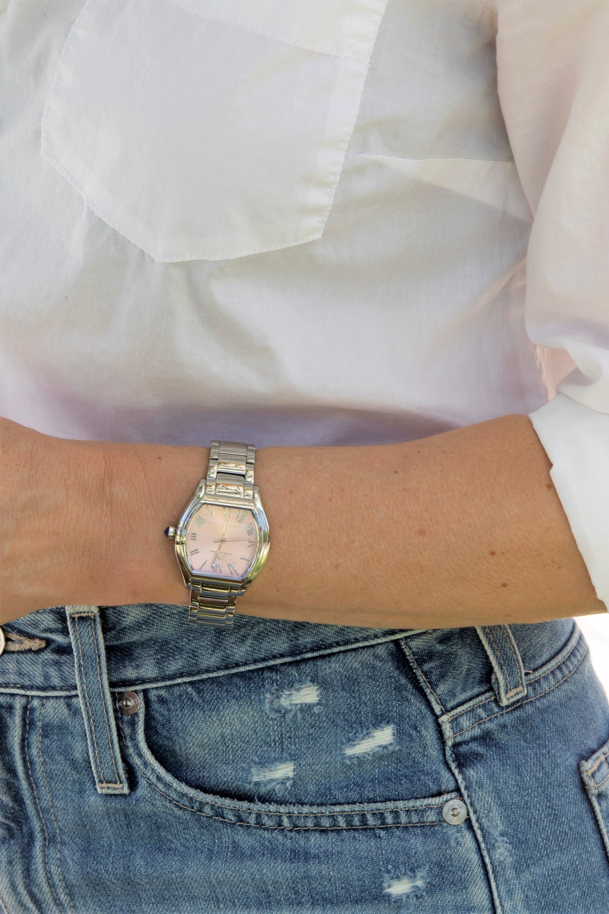 Porsamo Bleu Celine Luxury Tonneau Shaped  Women's Stainless Steel Watch, Silver, Baby Pink 1001BCES