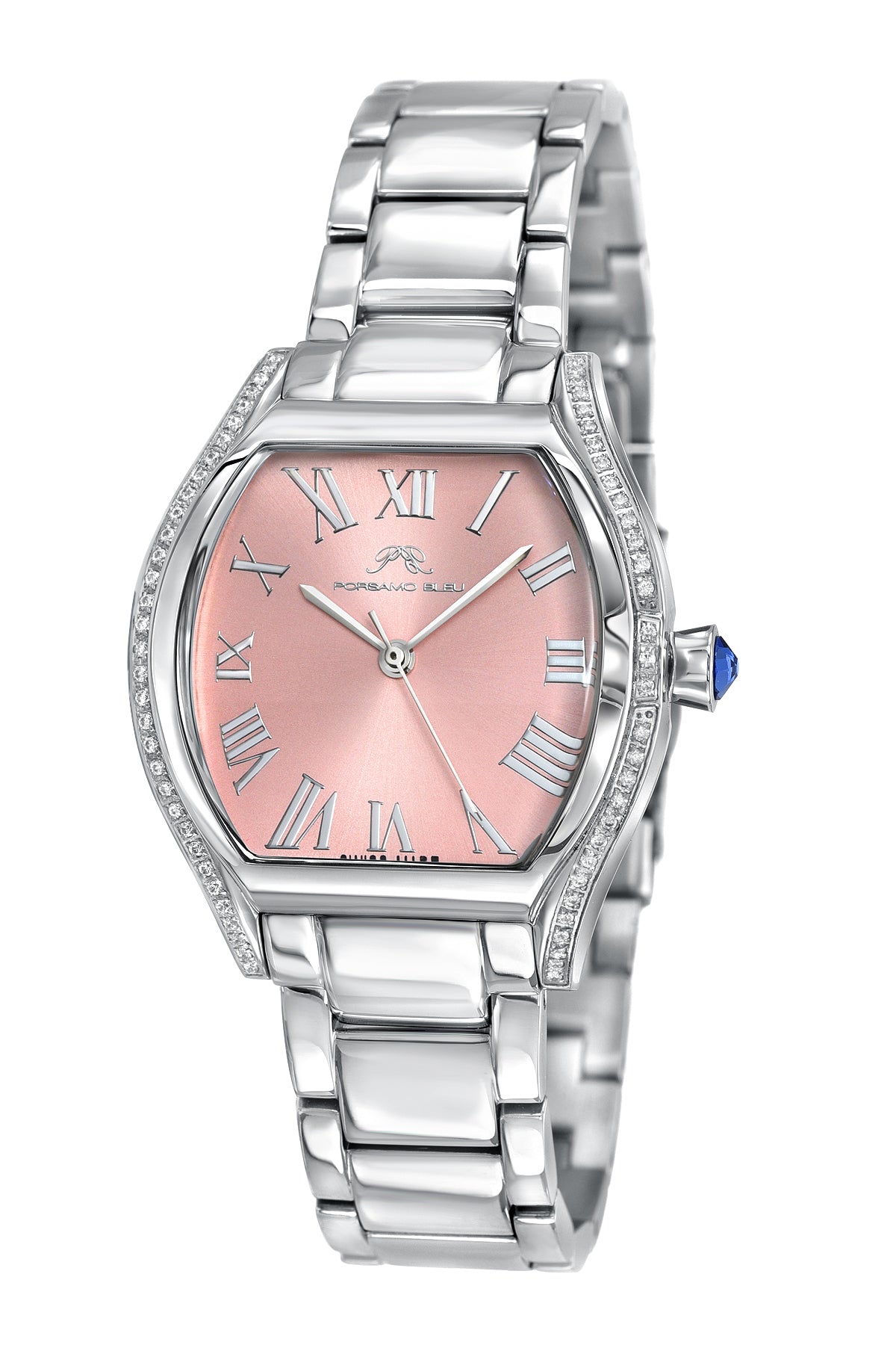 Porsamo Bleu Celine Luxury Tonneau Shaped  Women's Crystal Set Bezel Stainless Steel Watch, Silver, Baby Pink 1002BCES