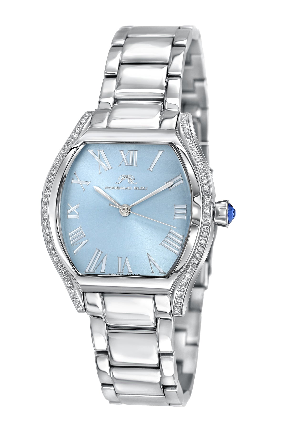 Porsamo Bleu Celine Luxury Tonneau Shaped  Women's Crystal Set Bezel Stainless Steel Watch, Silver, Baby Blue 1002CCES