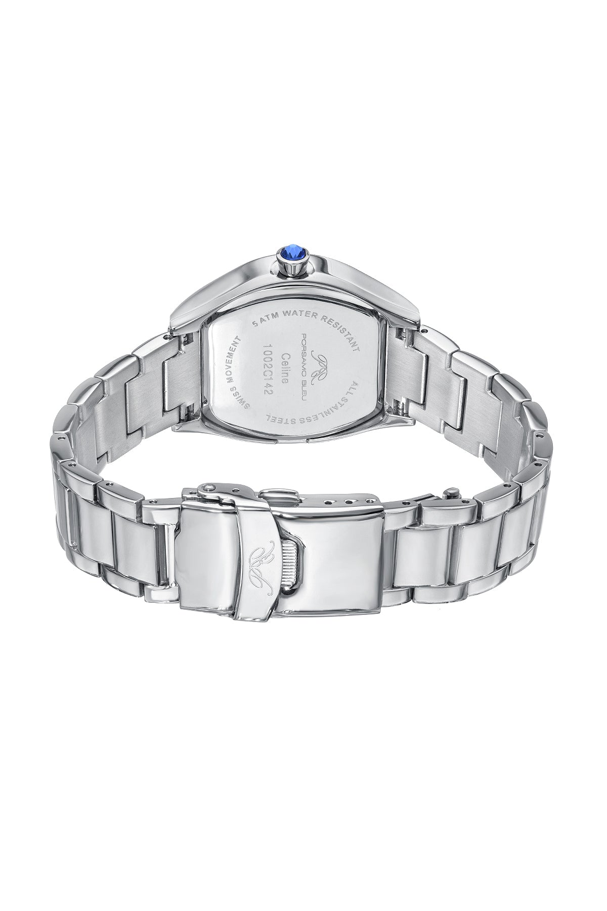 Porsamo Bleu Celine Luxury Tonneau Shaped  Women's Crystal Set Bezel Stainless Steel Watch, Silver, Baby Blue 1002CCES