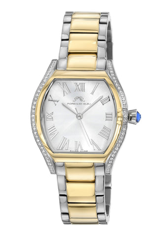 Porsamo Bleu Celine luxury tonneau shaped  women's crystal set bezel stainless steel watch, two tone, 1002ECES