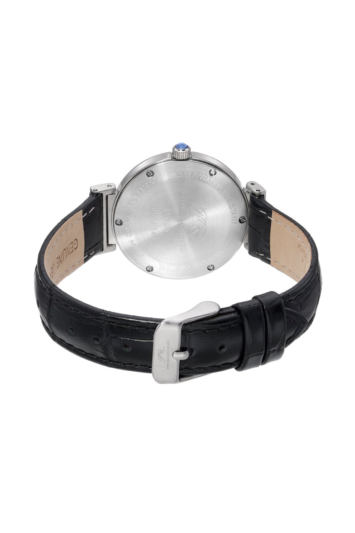 Porsamo Bleu Dahlia Luxury Crystal Hour Markers Women's Genuine Leather Band Watch, Silver, Black 1051ADAL