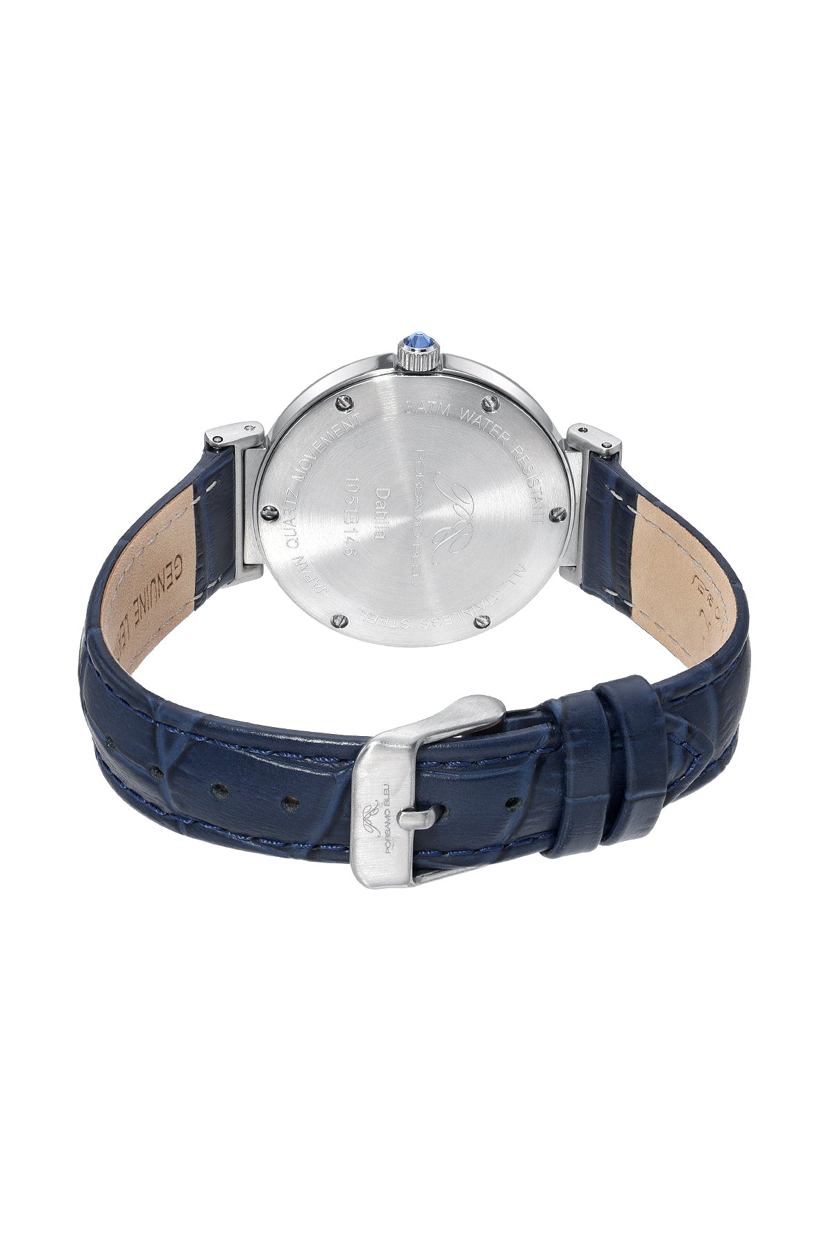 Porsamo Bleu Dahlia Luxury Crystal Hour Markers Women's Genuine Leather Band Watch, Silver, Blue 1051BDAL