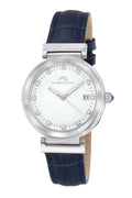 Porsamo Bleu Dahlia Luxury Crystal Hour Markers Women's Genuine Leather Band Watch, Silver, Blue 1051BDAL
