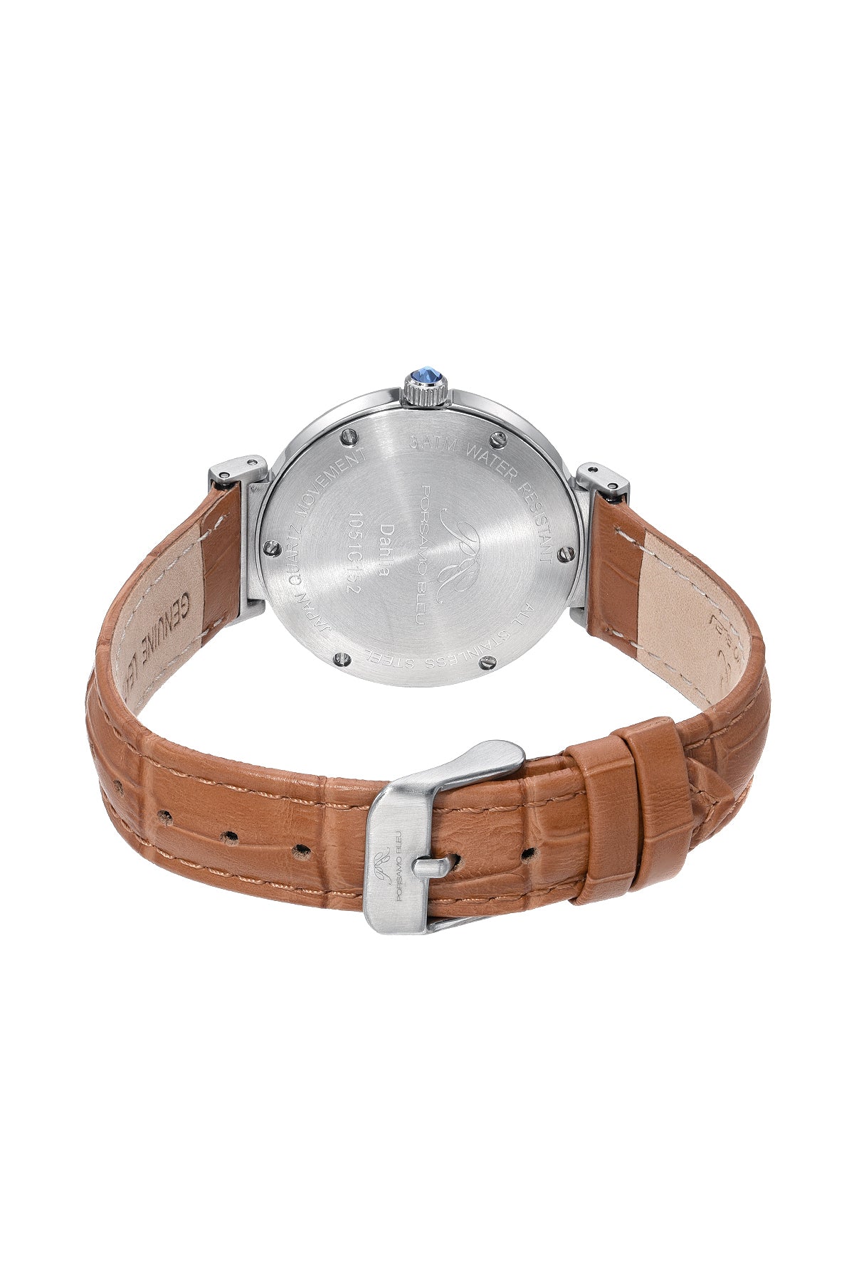 Porsamo Bleu Dahlia Luxury Crystal Hour Markers Women's Genuine Leather Band Watch, Silver, Cognac 1051CDAL