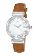 Porsamo Bleu Dahlia Luxury Crystal Hour Markers Women's Genuine Leather Band Watch, Silver, Cognac 1051CDAL