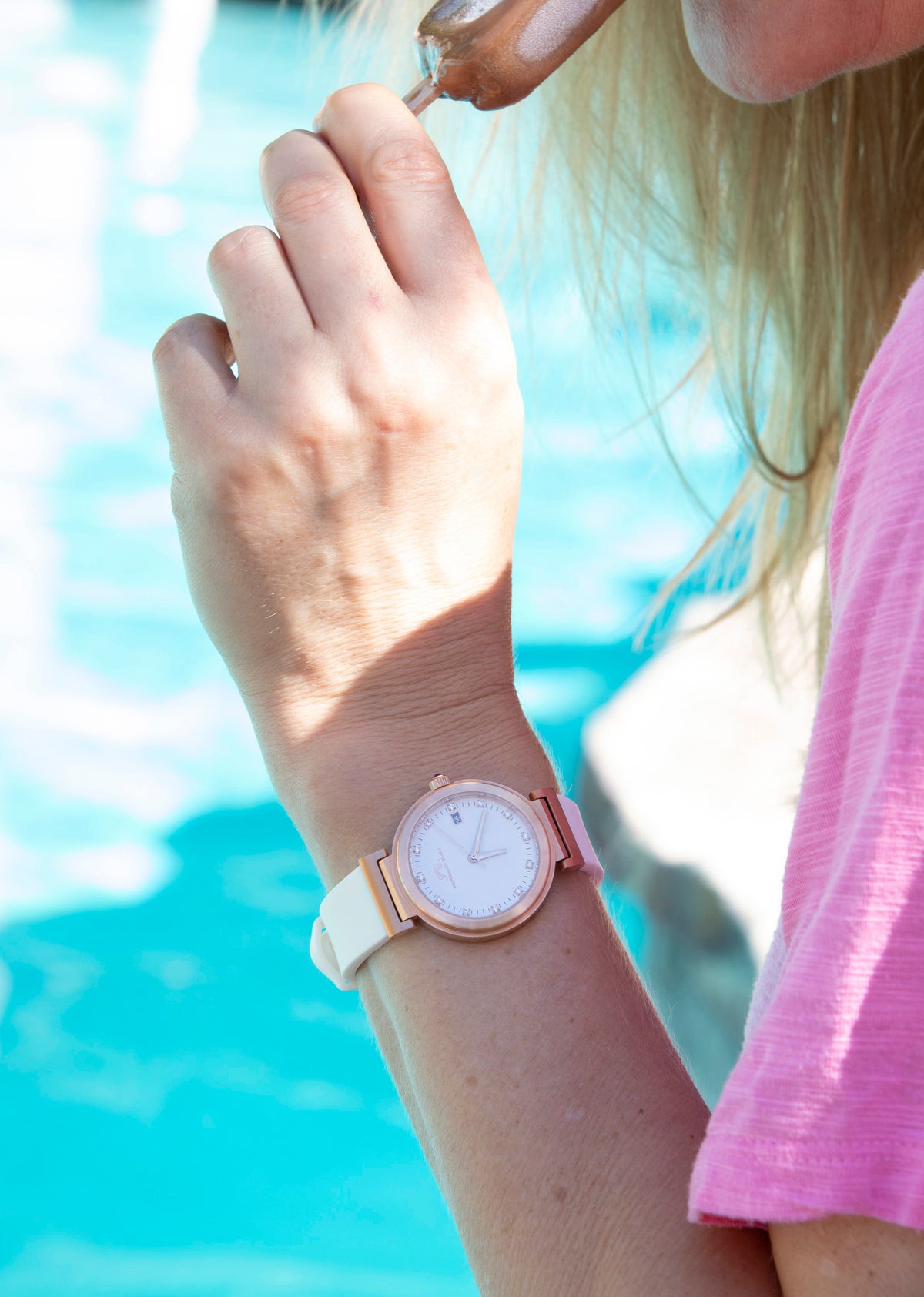 Porsamo Bleu Dahlia Luxury Crystal Hour Markers Women's Silicone Strap Watch, Rose, White 1052CDAR