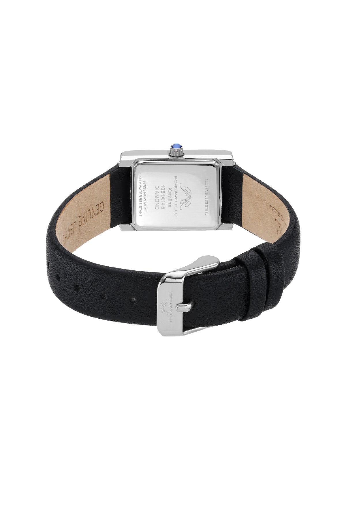 Porsamo Bleu Karolina Luxury Diamond Rectangular Women's Genuine Leather Band Watch, Silver, Black 1081AKAL