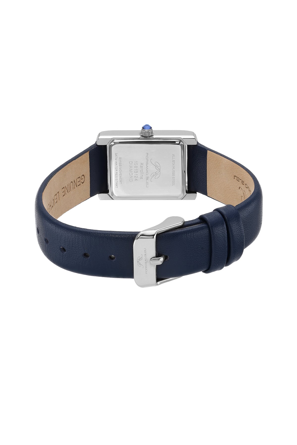 Porsamo Bleu Karolina Luxury Diamond Rectangular Women's Genuine Leather Band Watch, Silver, Blue 1081BKAL