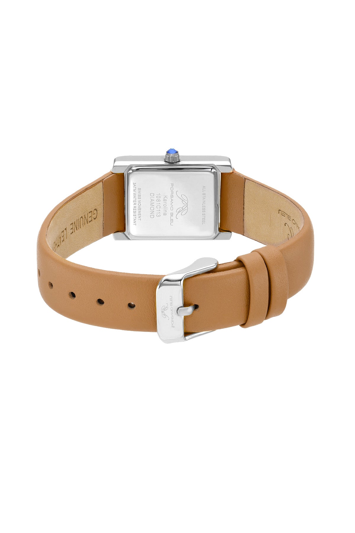 Porsamo Bleu Karolina Luxury Diamond Rectangular Women's Genuine Leather Band Watch, Silver, Cognac 1081CKAL