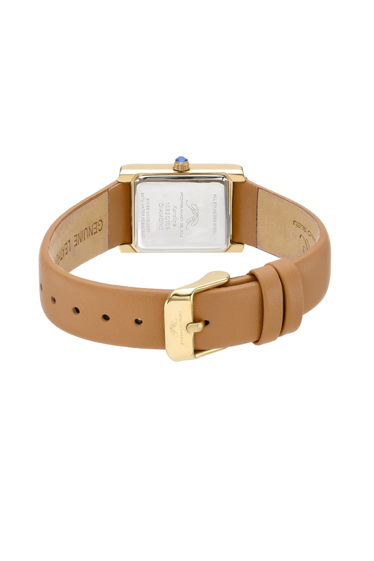 Porsamo Bleu Karolina Luxury Diamond Rectangular Women's Genuine Leather Band Watch, Gold, Cognac 1082CKAL