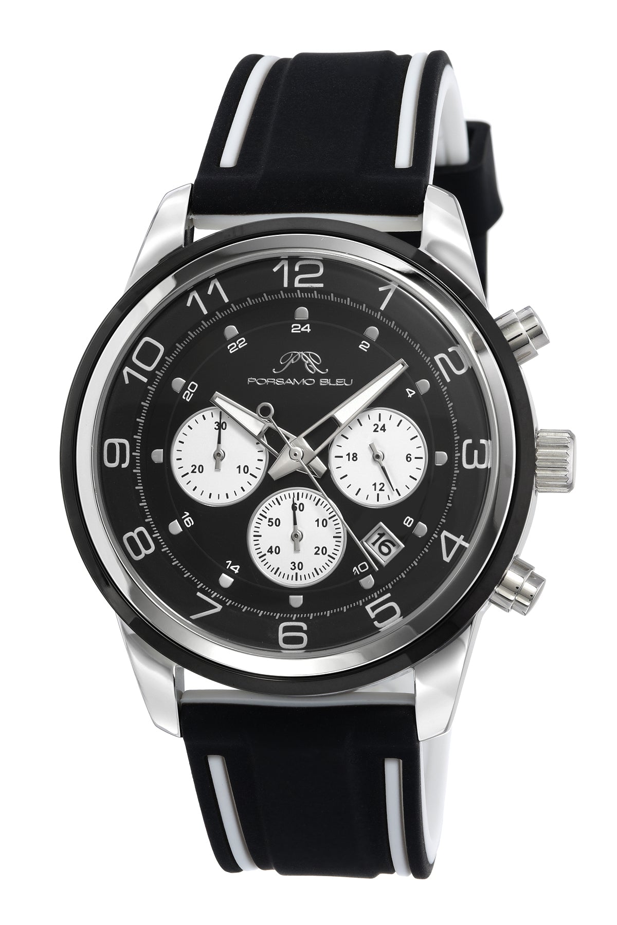 Porsamo Bleu Arthur Luxury Chronograph Men's Silicone Strap Watch, Silver, Black 1092AARR