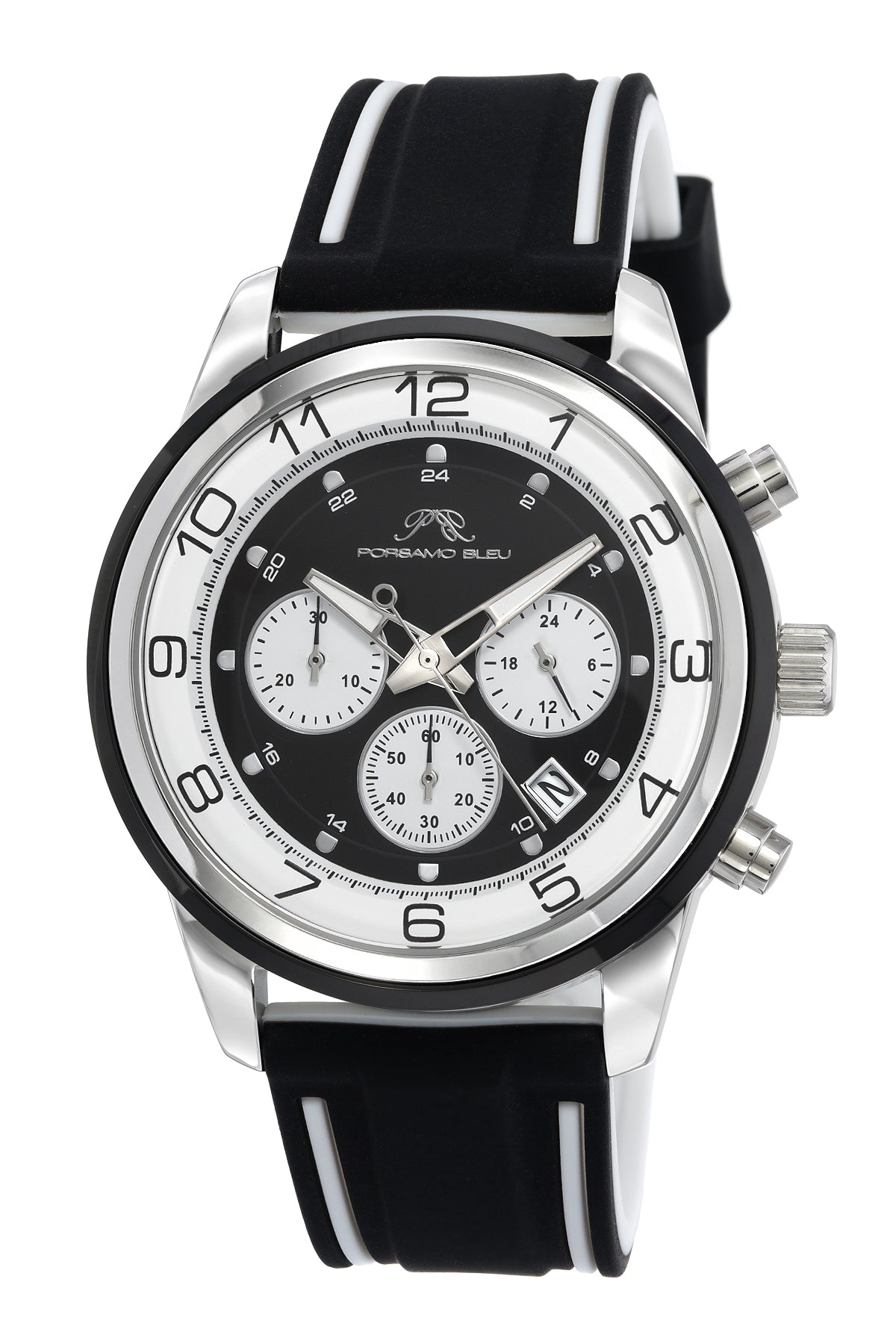 Porsamo Bleu Arthur Luxury Chronograph Men's Silicone Strap Watch, Silver, Black, White 1092BARR