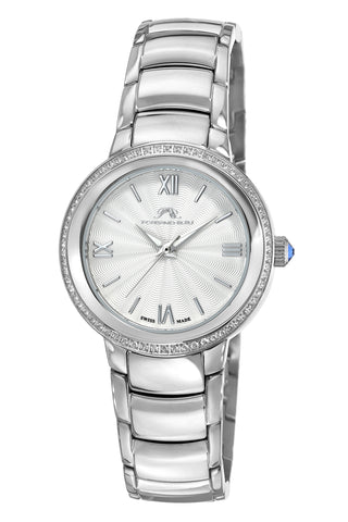 Porsamo Bleu Luna Luxury Topaz Women's Stainless Steel Watch, Silver, White With Flinque Guilloche Dial 1181ALUS